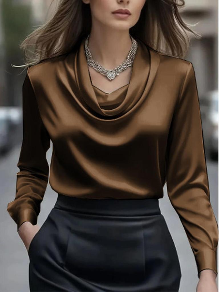 Autumn Fashion Elegant Chic Solid Color Simple Stand Collar Long Sleeve Shirt Women