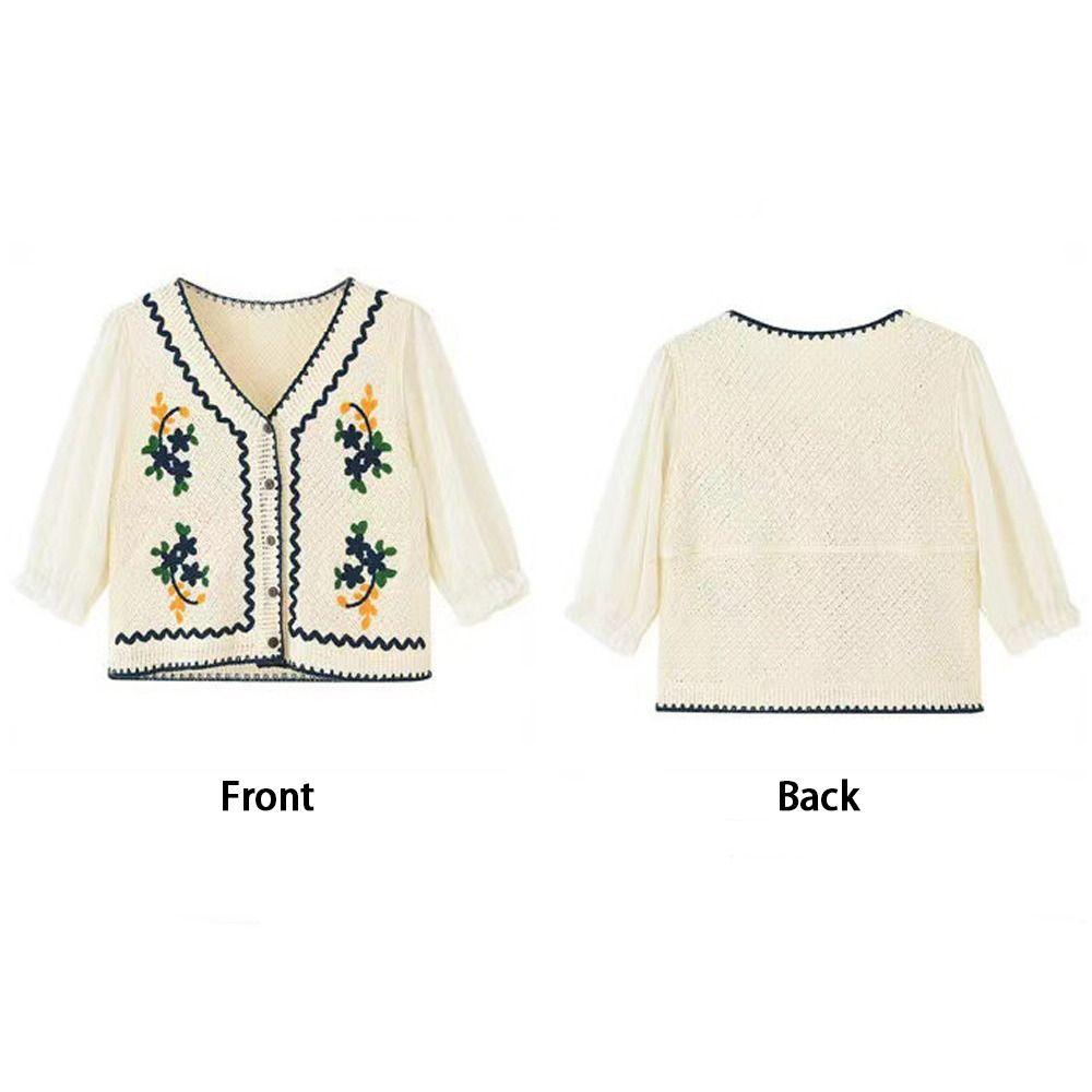 Flower Embroidery Chiffon Sleeve Shirts Button Front Short Top New Crochet Blouse  Women