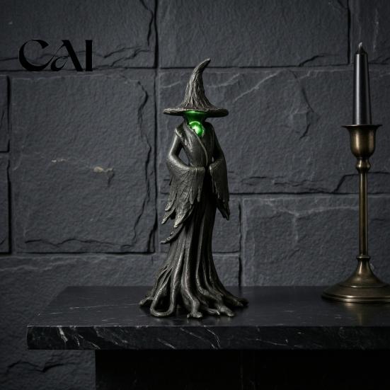 Halloween Atmosphere Ornament Witch Statue, LED Light Up Gothic Resin Figurine, Birthday Gift for Her Dark Fantasy Mysterious Sculpture Desktop