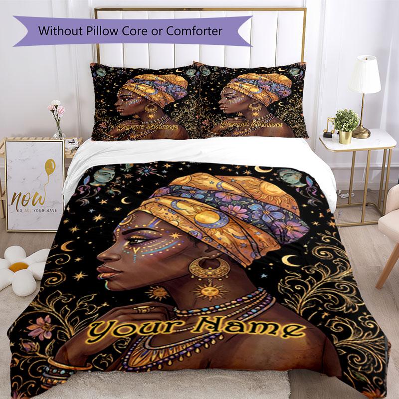 3pcs Custom Name Ethereal African Goddess Bedding Set Printed Bedding Set Duvet Cover Closure Includes 1 Duvet Cover & 2 Pillowcases Bedroom Decor