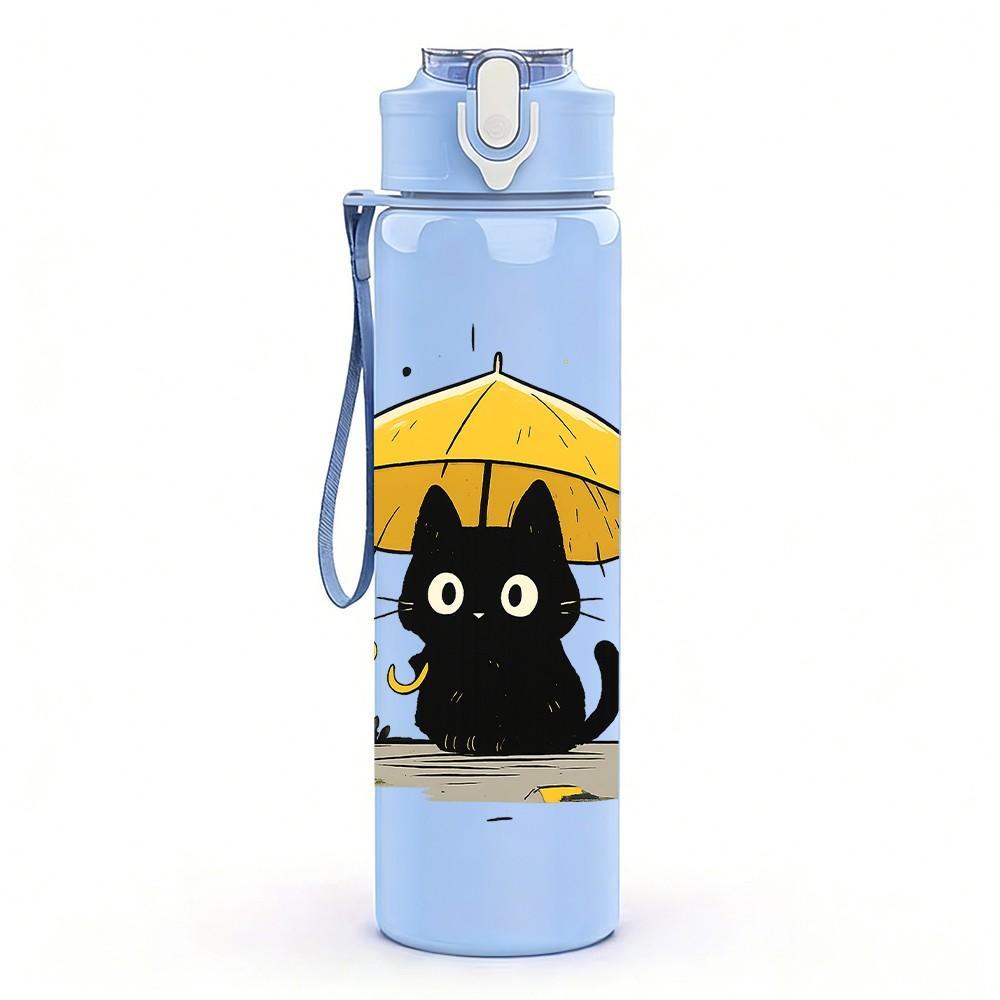 1PC Black Cat Under Umbrella Cartoon 750ml Color Plastic Sports Water Bottle Leakproof Flip Straw Lid Suitable for Sports Office Home Use