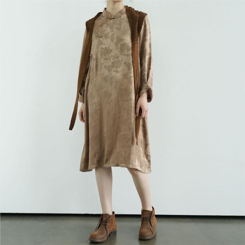 Johnature Women Vintage Stand Long Sleeve Dresses Chinese Style Button Jacquard A-Line Summer High Quality Dress