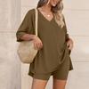 Women Two Piece Loungewear Set V Neck Short Sleeve Top and Shorts Relaxed Fit Soft Fabric Casual Outfit for Home or Daily Wear