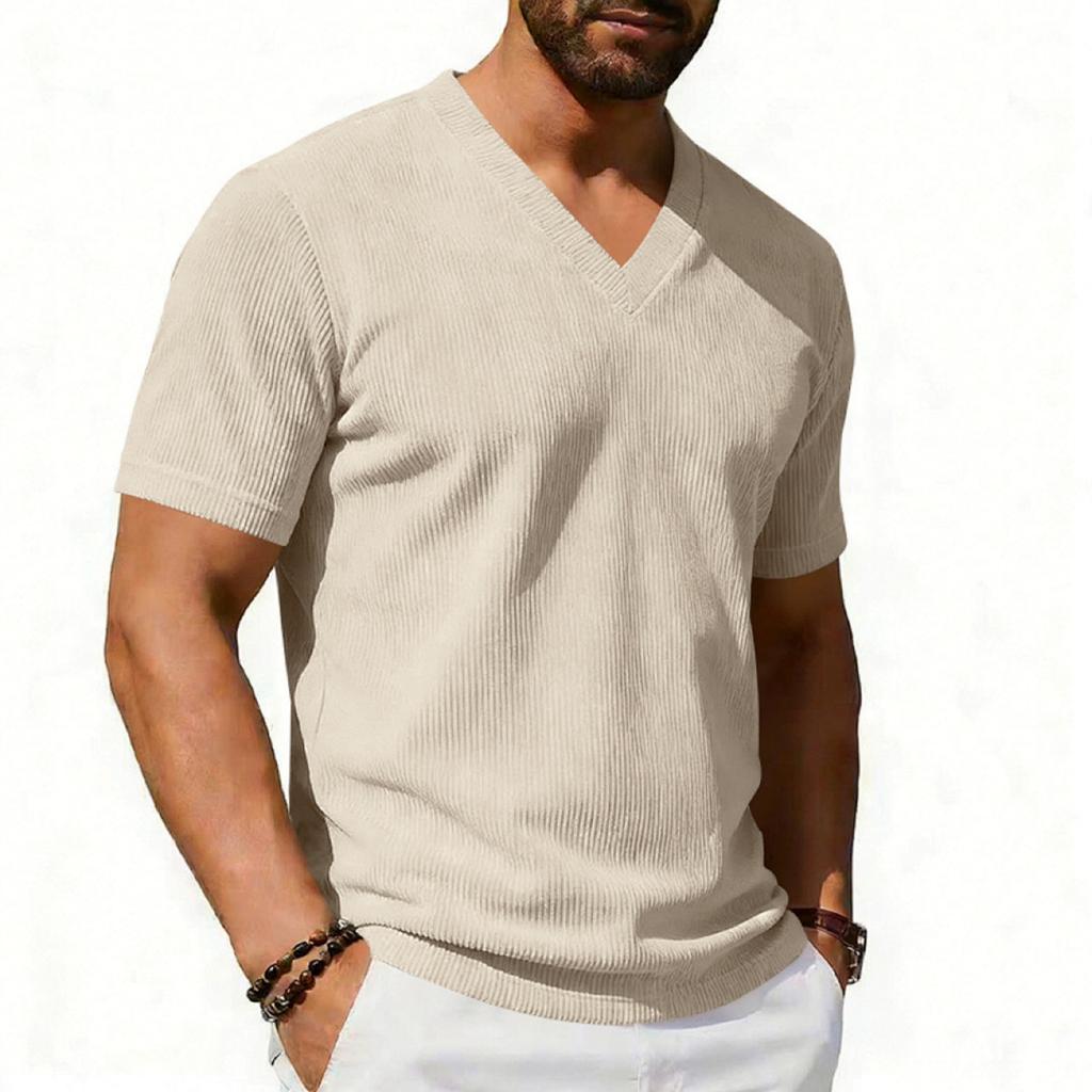 Men's V Neck Short Sleeve Knit Top Lightweight Ribbed Pullover Soft Texture Casual Classic Fit Summer Shirt