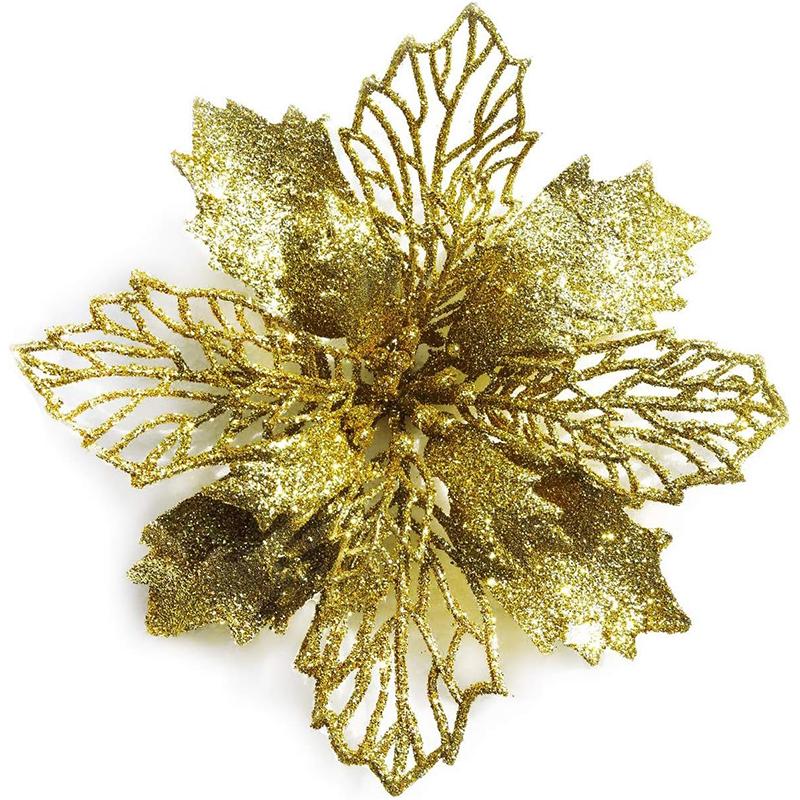 5pcs/lot Christmas Poinsettia Glitter Flowers with Clips Christmas Tree Ornaments Decor for Home Decor New Year Xmas Gifts