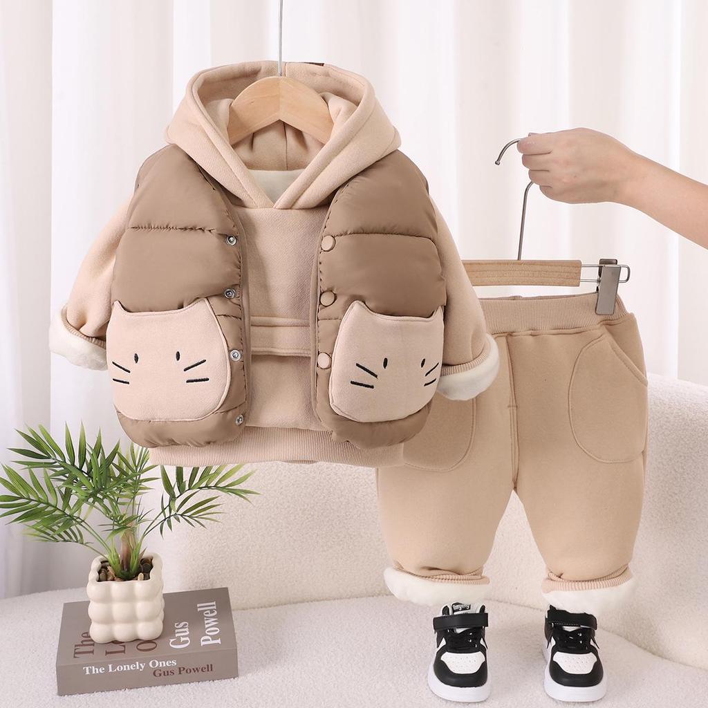 2025 Children's Cotton Fleece-Lined Three-Piece Set – Fashionable Winter Vest and Outfit for Boys