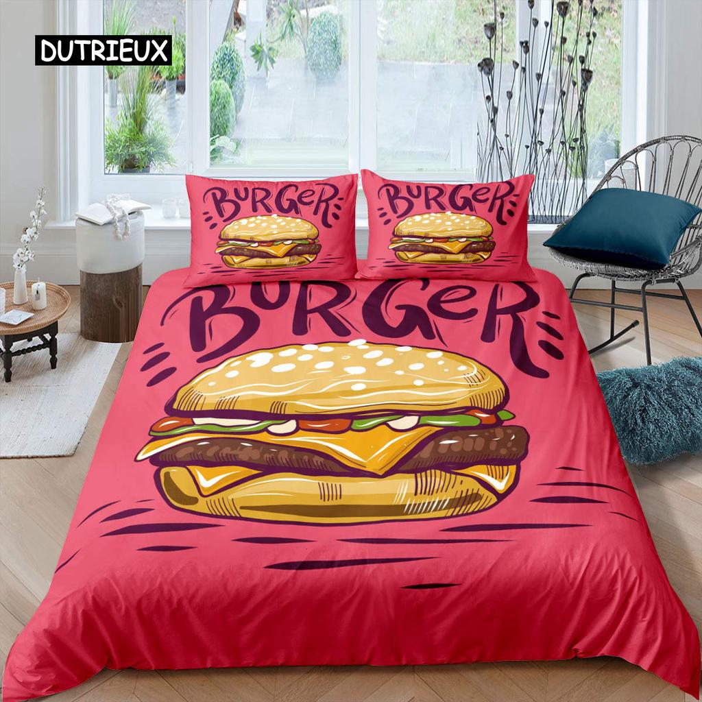 Hamburger Duvet Cover Set Meat Cheese Comforter Cover Fast Food Theme Bedding Set Cartoon Hamburg Pattern Quilt Cover for Kids