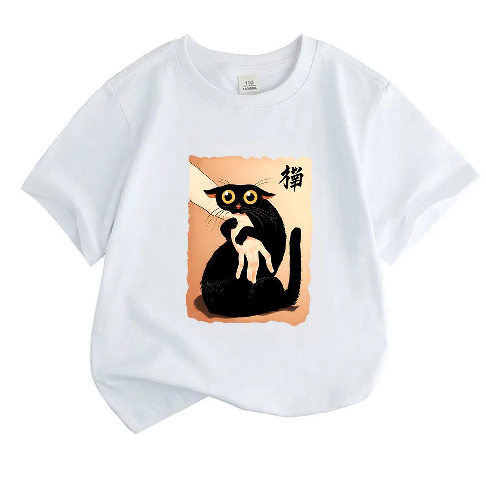 Kids Boys Girls 100% Cotton Crew Neck Short Sleeve T-Shirt, Cute Black Cat Holding Hand Cartoon Print Casual Soft Breathable Tees for Daily Wear