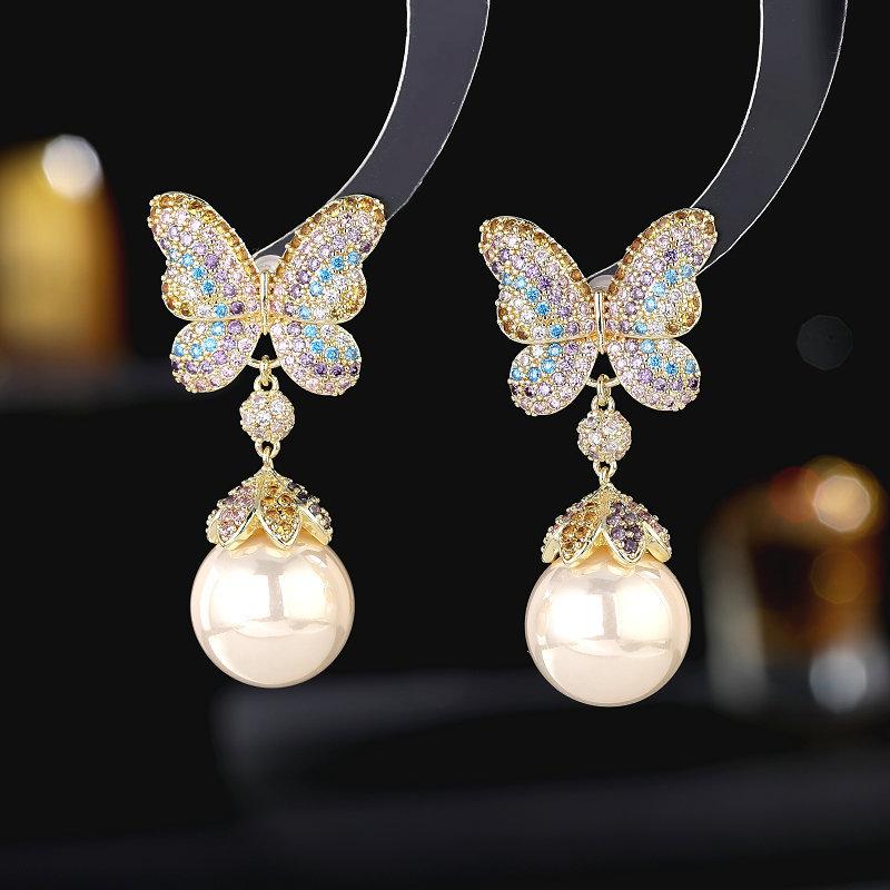 SUYU Women's Light Luxury Elegant Imitation Pearl Butterfly Earrings Fashionable and Versatile Unique and Design Sense Earrings