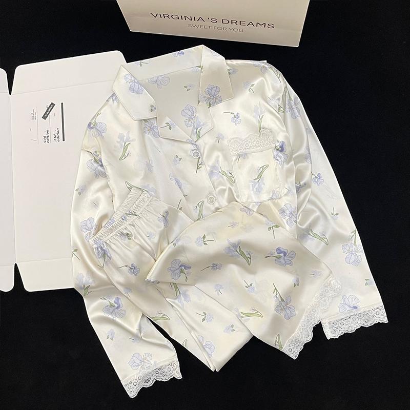 Pyjamas Damen Seiden-Langarmpyjamas Pyjama-Anzug mit Blumendruck Hochwertige Eisseide Kann Draußen Als Pyjama Für Zu Hause Getragen Werden