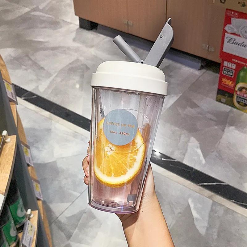 Female Ins Double-layer Straw Cup Female Student Korean Version of Plastic Water Cup Anti-fall Adult Portable Summer Casual Cup