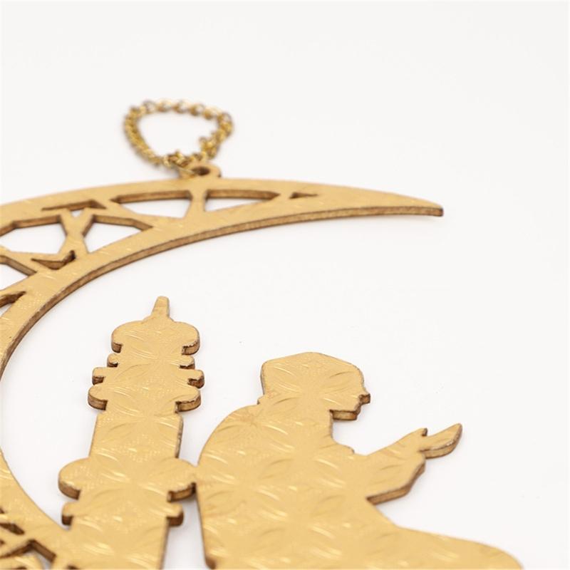 Eid Mubarak Home Decoration Golden Moon and Star Wood Holiday Pendant Decorative Hanging Ornament for Home Office