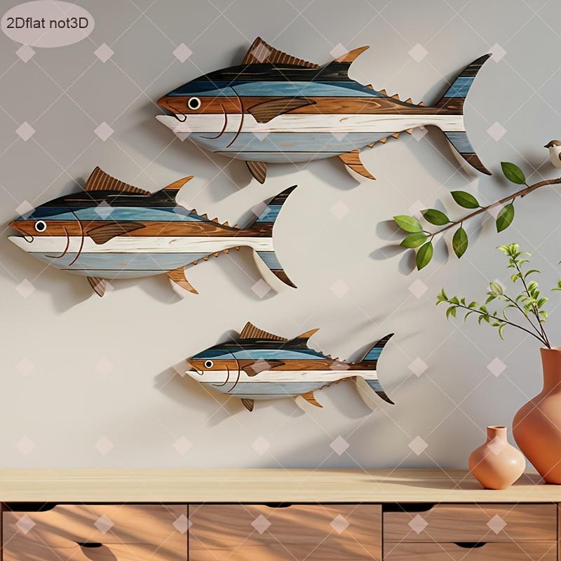 Decoração de Parede de Atum de Madeira com 3 Peças, Reutilizável, Adequada Para Decoração de Casa, Escritório e Sala de Estar.