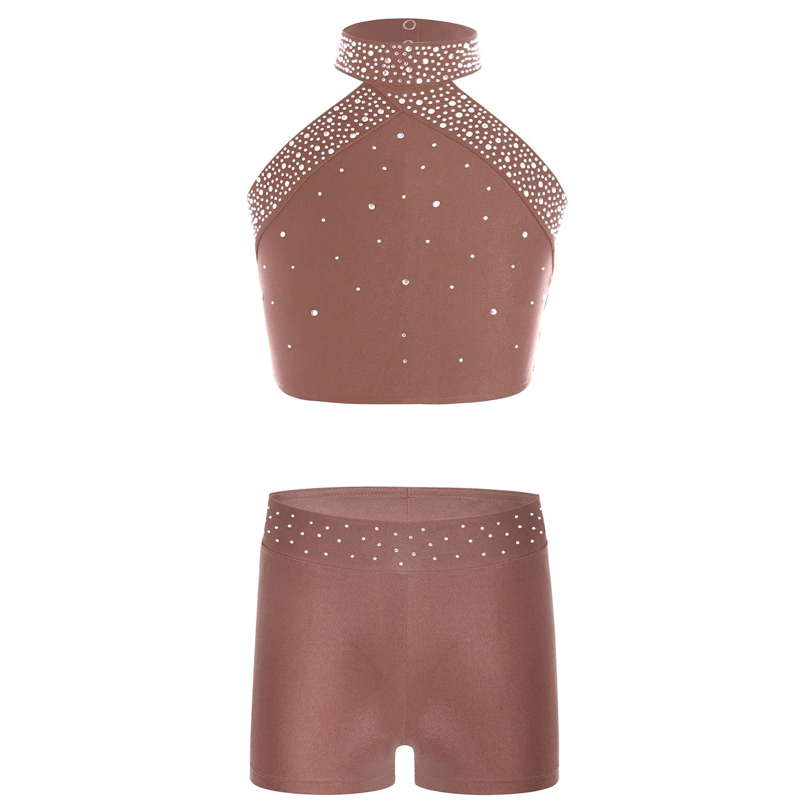 

Комплект танцювального одягу для дівчаток: жилет без рукавів з халтером, відкрита спина з перехресним дизайном, пояс зі стразами, шорти 9-10 Years коричневий