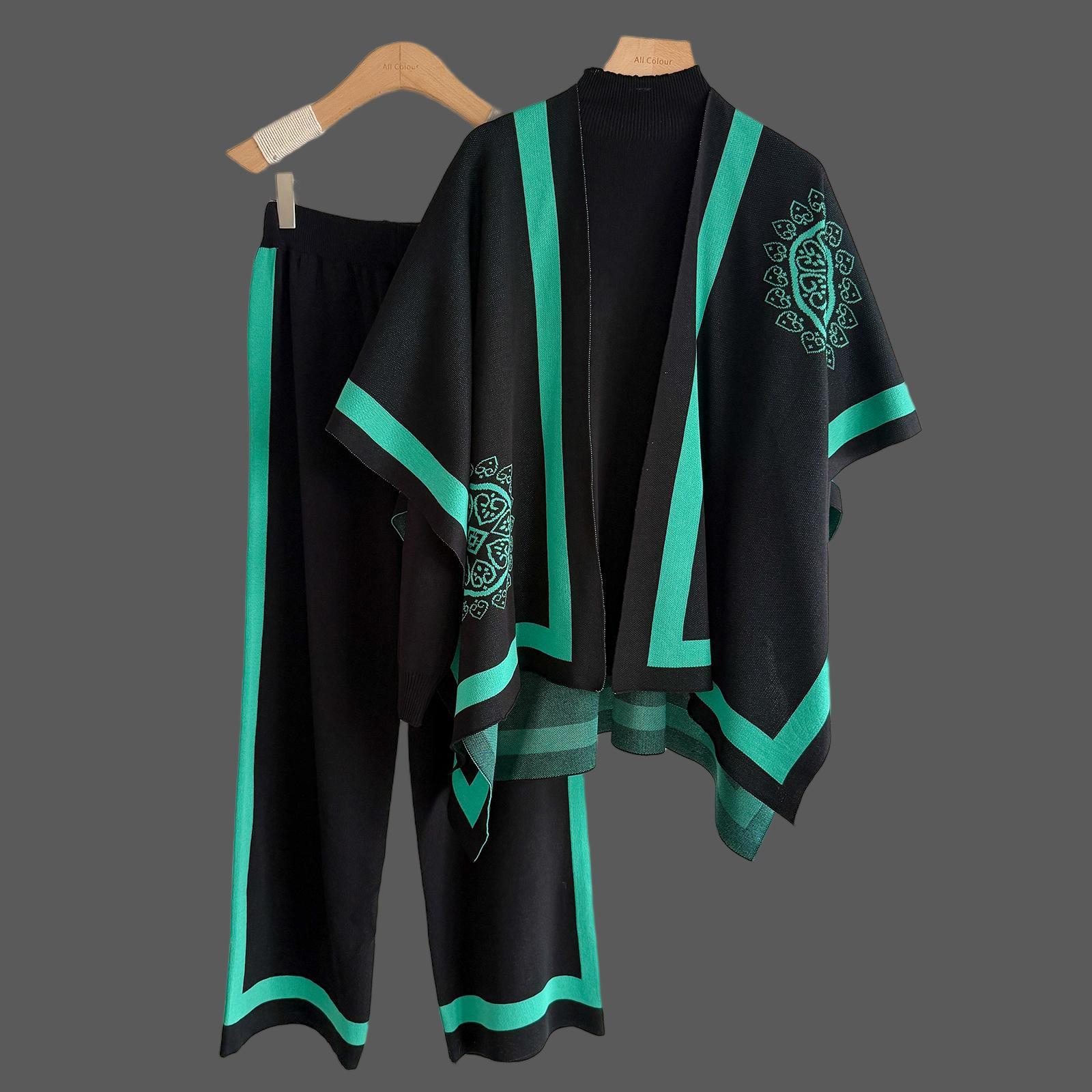 

Casual Suit Women s Autumn and Winter New Temperament Lazy Knitted Sweater Shawl Cape Wide-leg Pants Three-piece Set One size чорний