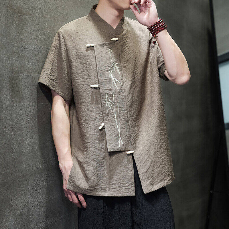 

2025 Мужские рубашки в китайском стиле, мужская рубашка с коротким рукавом, летняя мужская рубашка с бамбуковыми листьями, мужские хлопковые модные свободные винтажные топы 3XL темно-коричневого