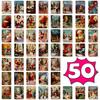 50-PCS Vintage Style Illustrated Christmas Cards with Typography Design, Creative Art Greeting Cards for Holiday Wishes