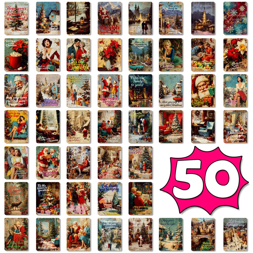50-PCS Vintage Style Illustrated Christmas Cards with Typography Design, Creative Art Greeting Cards for Holiday Wishes