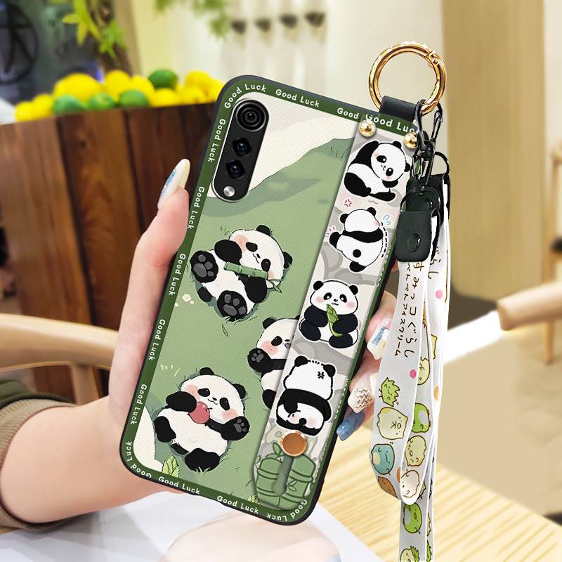 Shockproof Wrist Strap Phone Case For LG Velvet 4G/5G Silicone Soft case Durable Kickstand Cartoon Lanyard Panda Ring