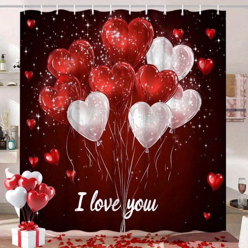 Valentine's Day Shower Curtain - Romantic Red Pink, Love Balloon Design, 12 Hooks, Home & Hotel Decor