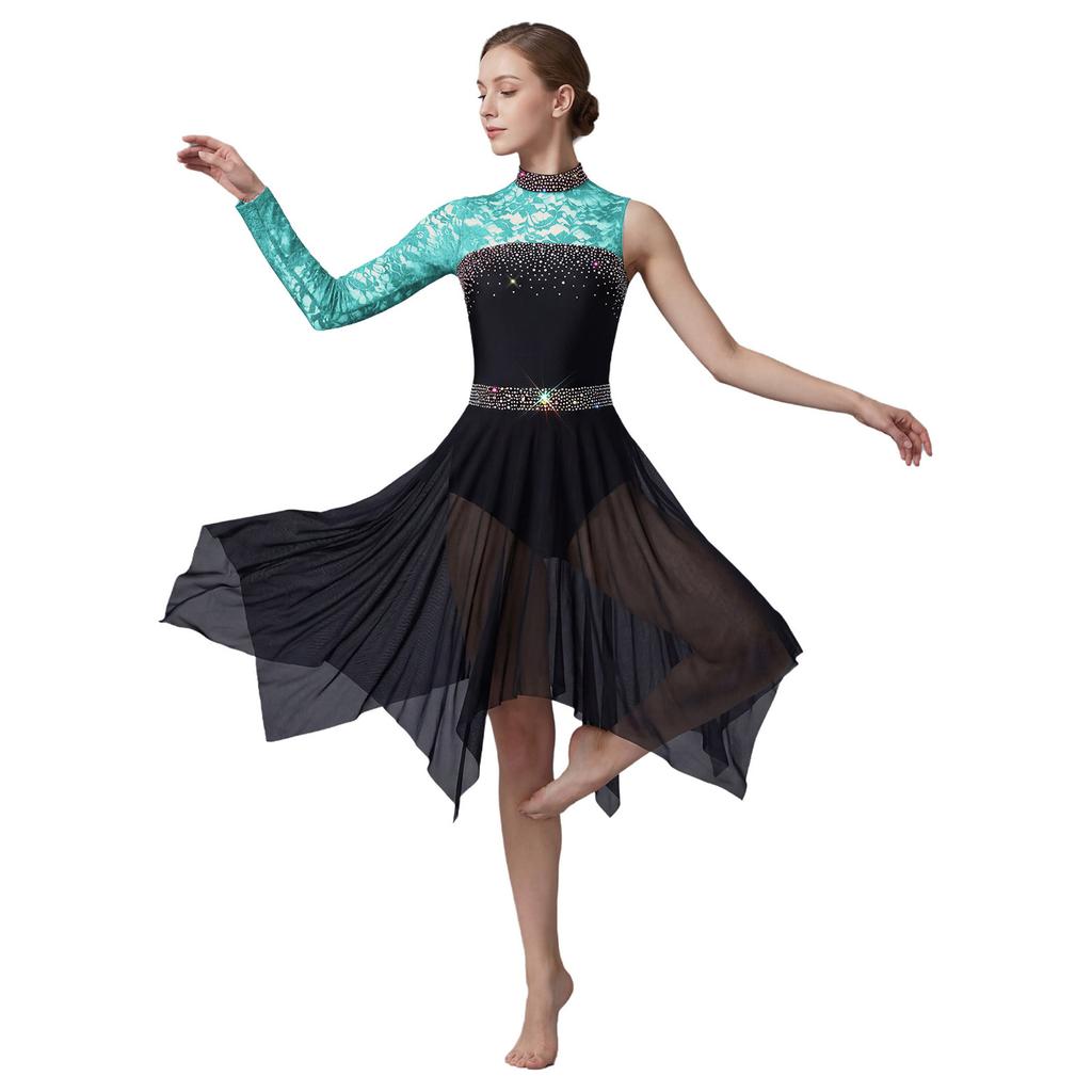 Women Modern Dance Costume Single Sleeve Dress Floral Lace Mesh Patchwork Rhinestone Classical Ballet Dance Outfit Lyrical Dress