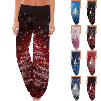 Bequeme Pyjamahose für Damen mit Weihnachtsdruck und weitem Bein und Kordelzug