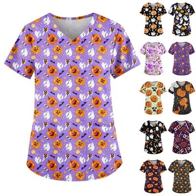Damenmode V-Ausschnitt Lässige Halloween-Drucktops mit Taschen Arbeitskleidung
