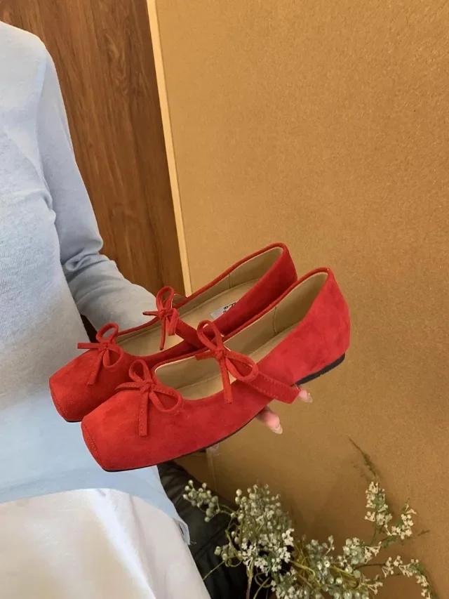 Women's Mary Jane Shoes Square Toe Bow Flannel Shallow Mouth Shoes Women Dress Increase Internal Height 2025 Zapatillas De Mujer