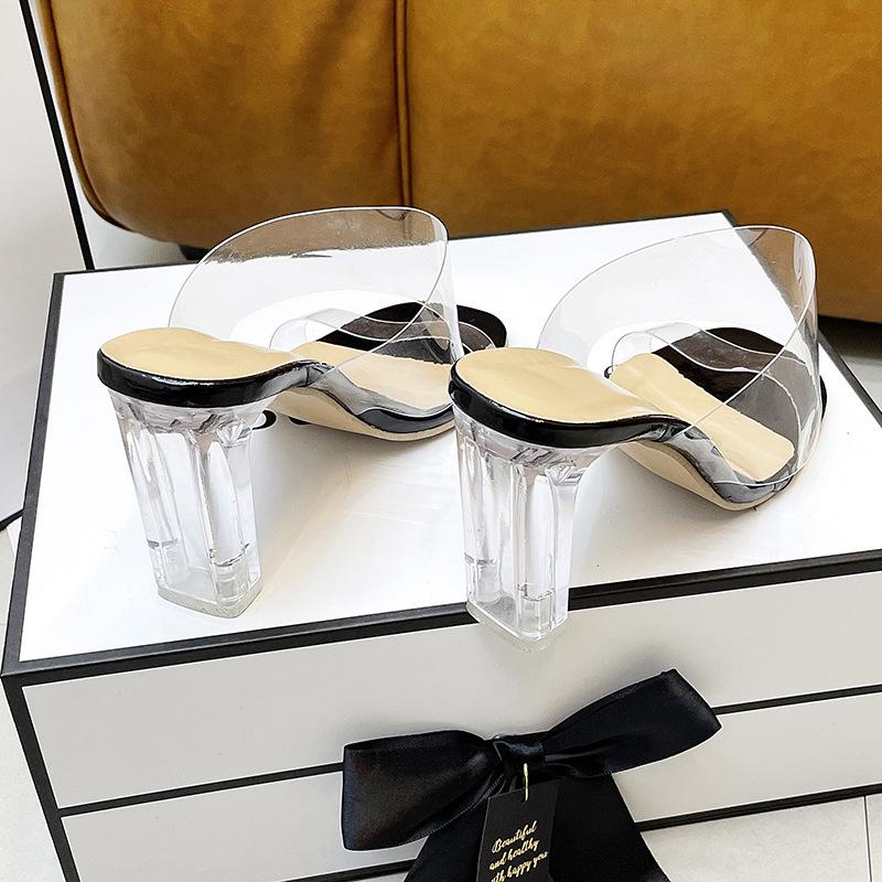 Women's Chunky Heel Summer Slippers: Transparent One-Strap, Crystal High Heel, Half-Slippers for Outdoor Wear