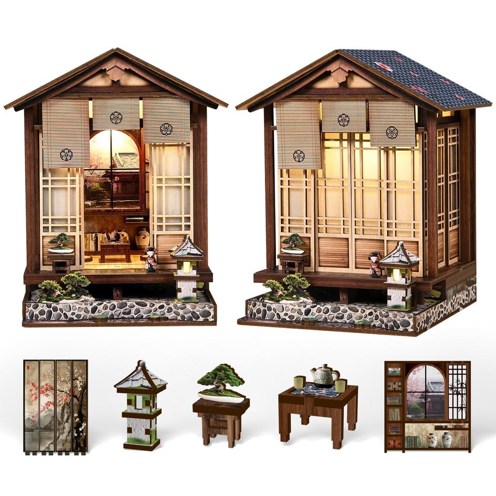 QmXCyzl Wooden DIY Dollhouse Kit, Miniature 3D Bookstand, Holiday Gift, Architectural Scenario Openable Design, Japanese Style (Planet and Garden)
