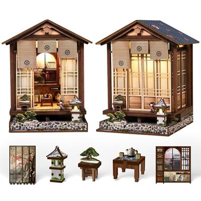 QmXCyzl Wooden DIY Dollhouse Kit, Miniature 3D Bookstand, Holiday Gift, Architectural Scenario Openable Design, Japanese Style (Planet and Garden)