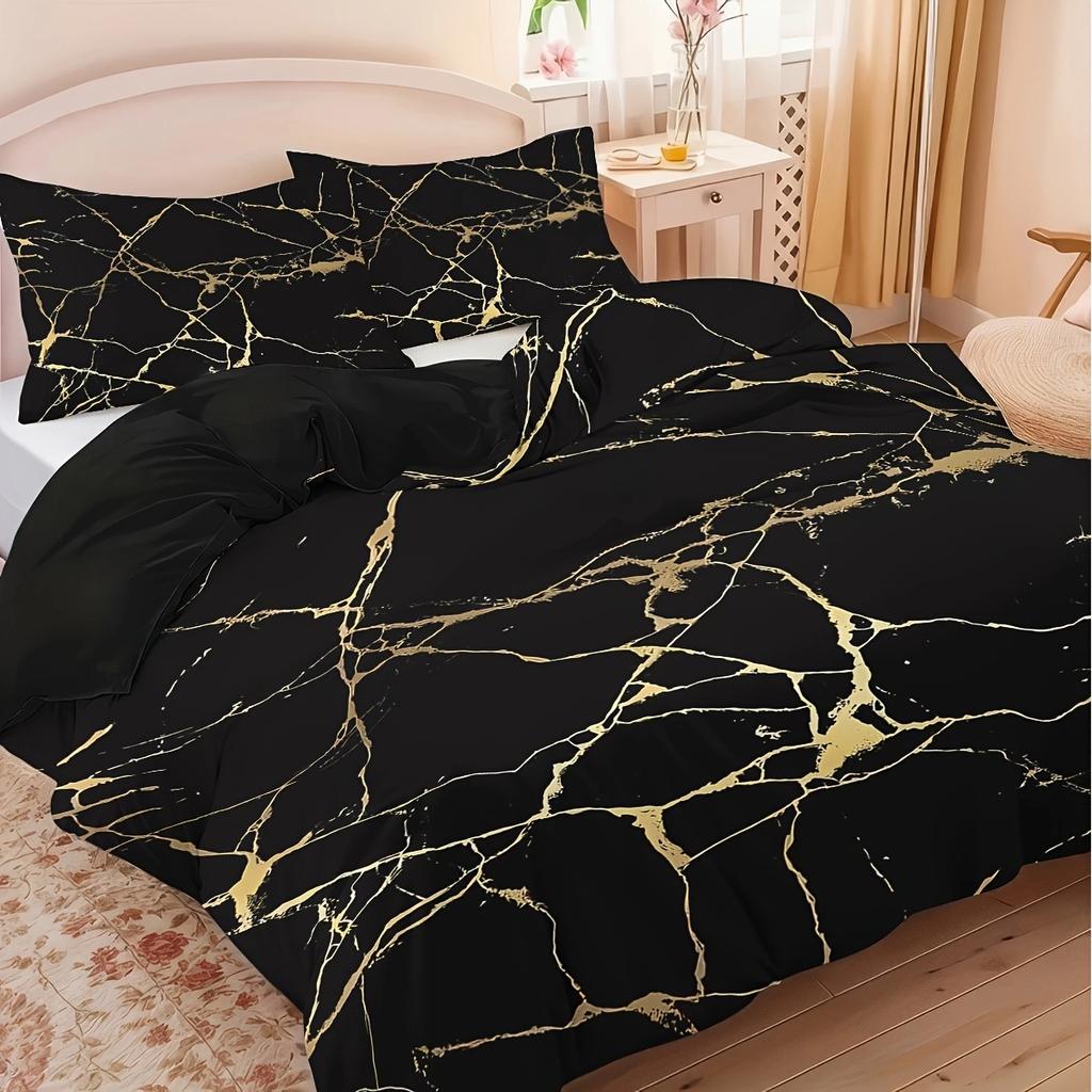 3pcs Duvet Cover Set King Size,Queen Black Marble Printed Bedding Set 1 * Duvet Cover+2 Pillowcases-Bedding Set for Bedroom