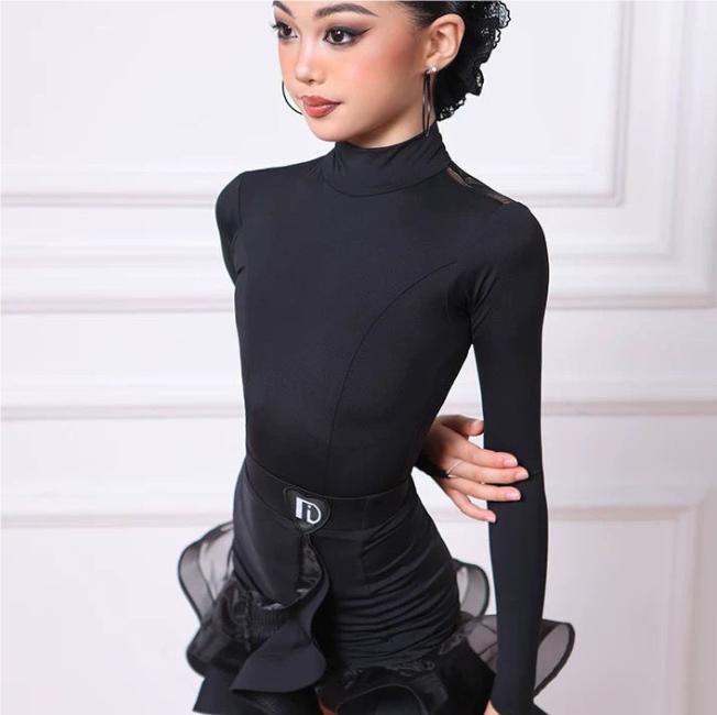 Dziecięcy strój do tańca latynoamerykańskiego dla dziewcząt, mundur z długim rękawem, siateczką i odkrytymi plecami, zestaw konkursowy, stroje do tańca towarzyskiego cha-cha