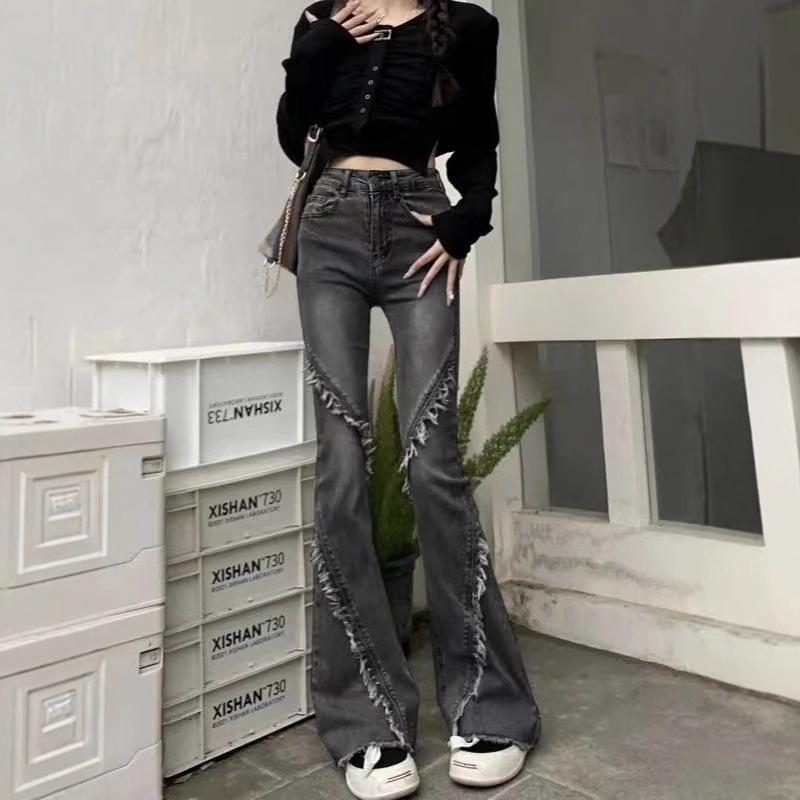 

Women s High-Waisted Black and Gray Micro-Flared Jeans with Patchwork and Raw Edge Design Medium синий