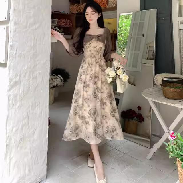 Retro Ink Floral Bow Suspender Skirt Women's Summer New French Gentle Wind Coffee Break Short-sleeved Dress