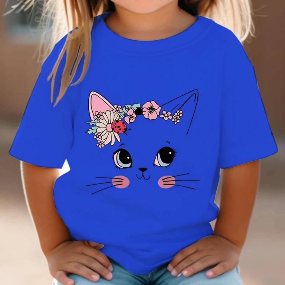 Girl Clothes Cute Floral Cat Pattern Summer Short Sleeve Tops Animal Cartoon Print Tees Fashion O-Neck Loose Children's Clothing