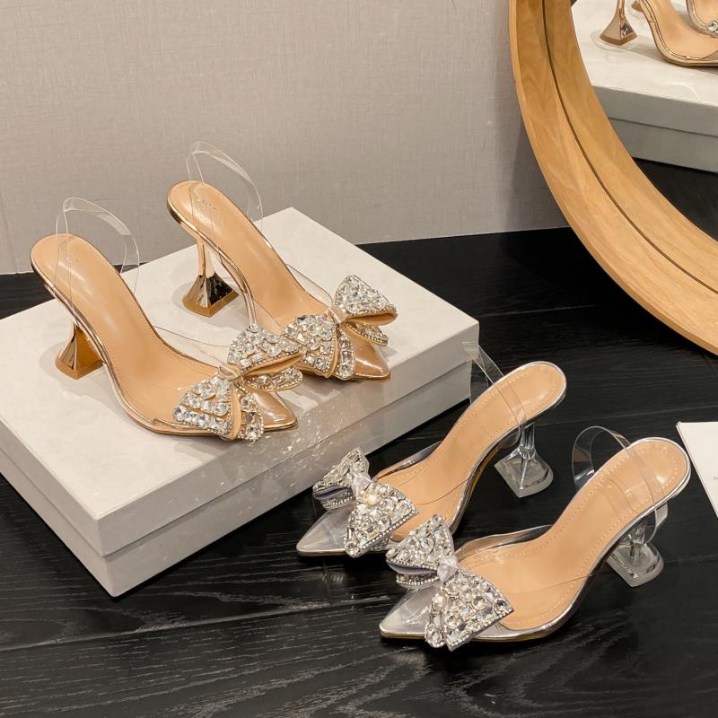 Summer Women's High Heels, Fashionable Pointed Toe Wine Glass And Bow Rhinestone High Heel Sandals