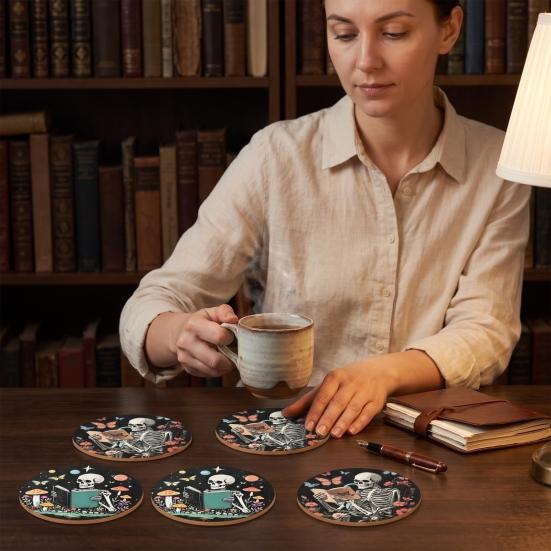 Gothic Home Accessories 6PCS Skull Pattern Wooden Coasters, Heat Insulation Moisture Absorption Drink Table Protection Mats Retro Decorative