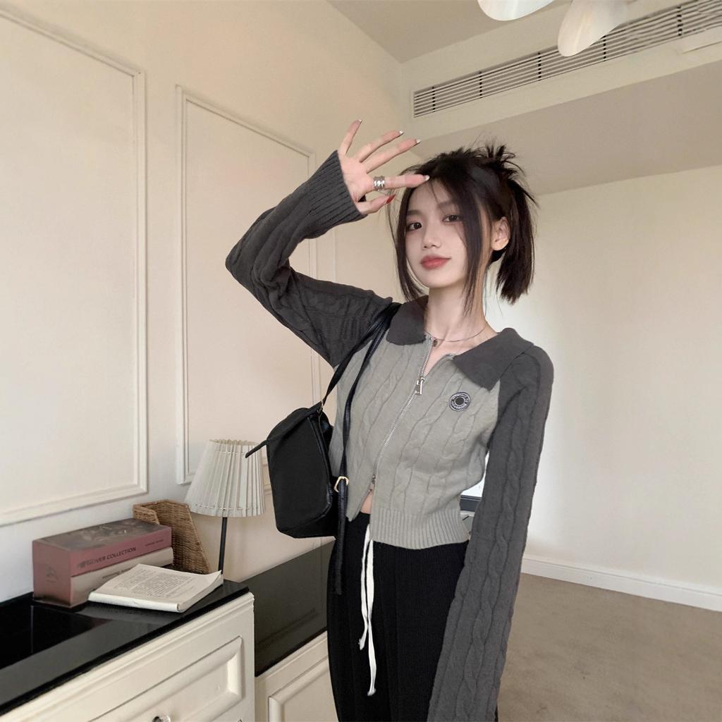 Cardigan short retro contrasting color design knitted sweater women's autumn short inner bottoming shirt double zipper sweater women
