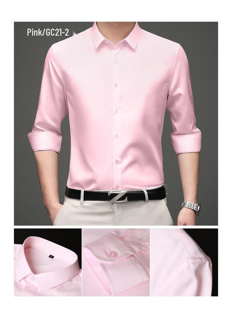 Men's Solid Color Iron-Free Stretch Korean Style Slim Fit Long Sleeve Business Casual Shirt - White