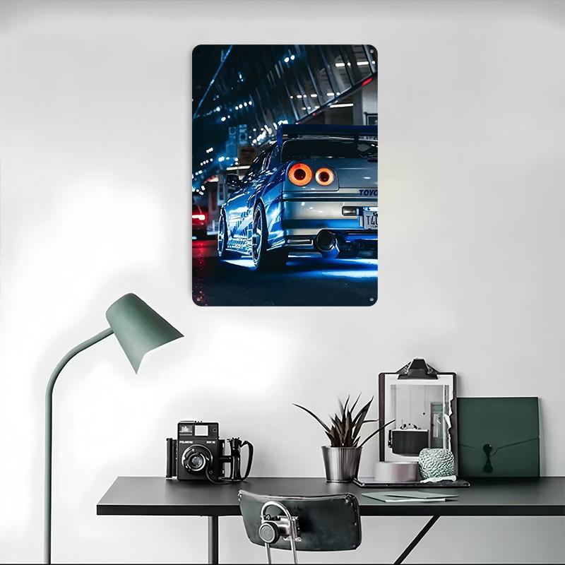 Blue Sports Car Skyline R34 Rear View Printed Poster Customized Wall Art Retro Vintage Metal Tin Signs for Home Bar Accessories