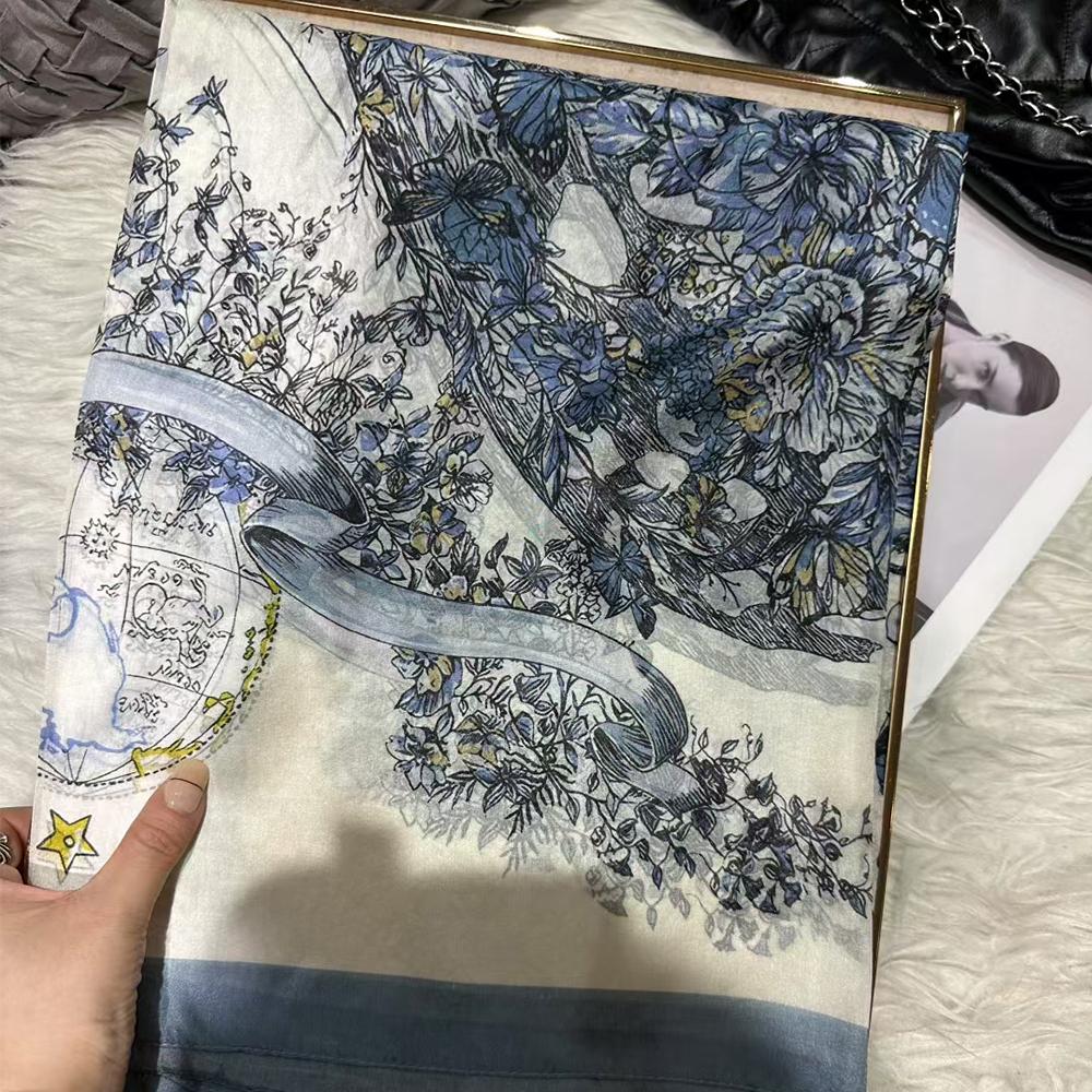 Bysifa|Blue White Silk Scarf Shawl Fall Winter Women Long Scarves Butterflies Design Summer Ladies Beach Silk Wrap Foulard
