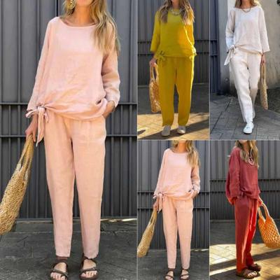 2 Piezas/Set Traje de Top y Pantalones para Mujer Color Sólido Mangas Largas Cuello Redondo