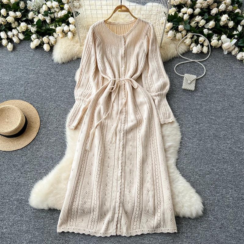 

Французьке старовинне готичне трикотажне плаття, жіноче, осіннє, однотонне, елегантний одяг, новий естетичний ліхтар, довгі сукні на талії, 2024 one-size бежевий