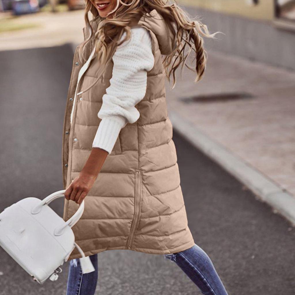 Women's Hooded Padded Vest Color Single-Breasted Mid-Length Slim Fit Sleeveless Jacket Coat