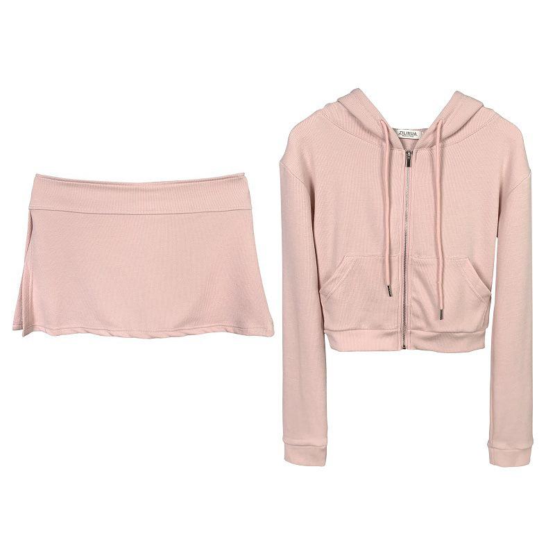 Korean Slim Sexy Cropped Hooded Cardigan & Low-Rise Skirt Set for Women