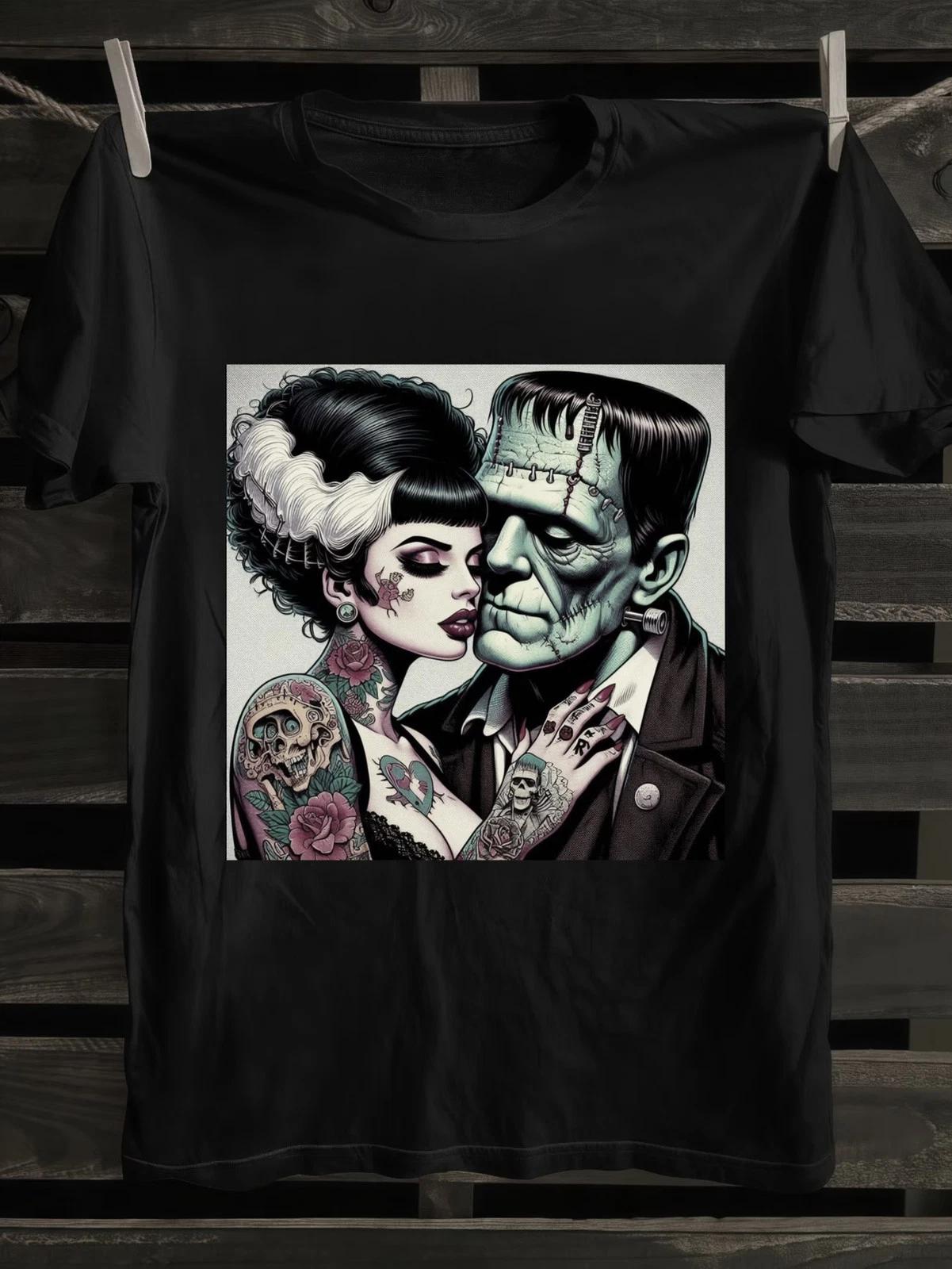 Men s Black Frankenstein & Bride Monster Graphic T-Shirt - Vintage Horror Comic M