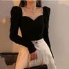 Retro French Puff Sleeve Square Neck Slim Fit Black Top for Women