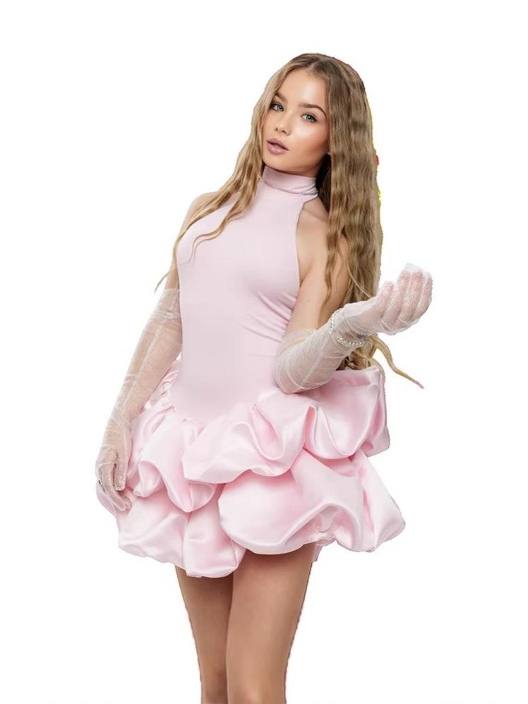 

2026 Spring Sweet Sleeveless Satin Patchwork Fluffy Skirt for Women - European & American Style Fashion Medium