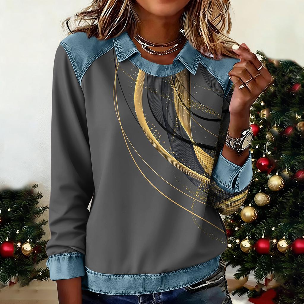 Women's Fashion Flared Long Sleeve Denim Patchwork Sweatshirt Print Casual Pullover Top